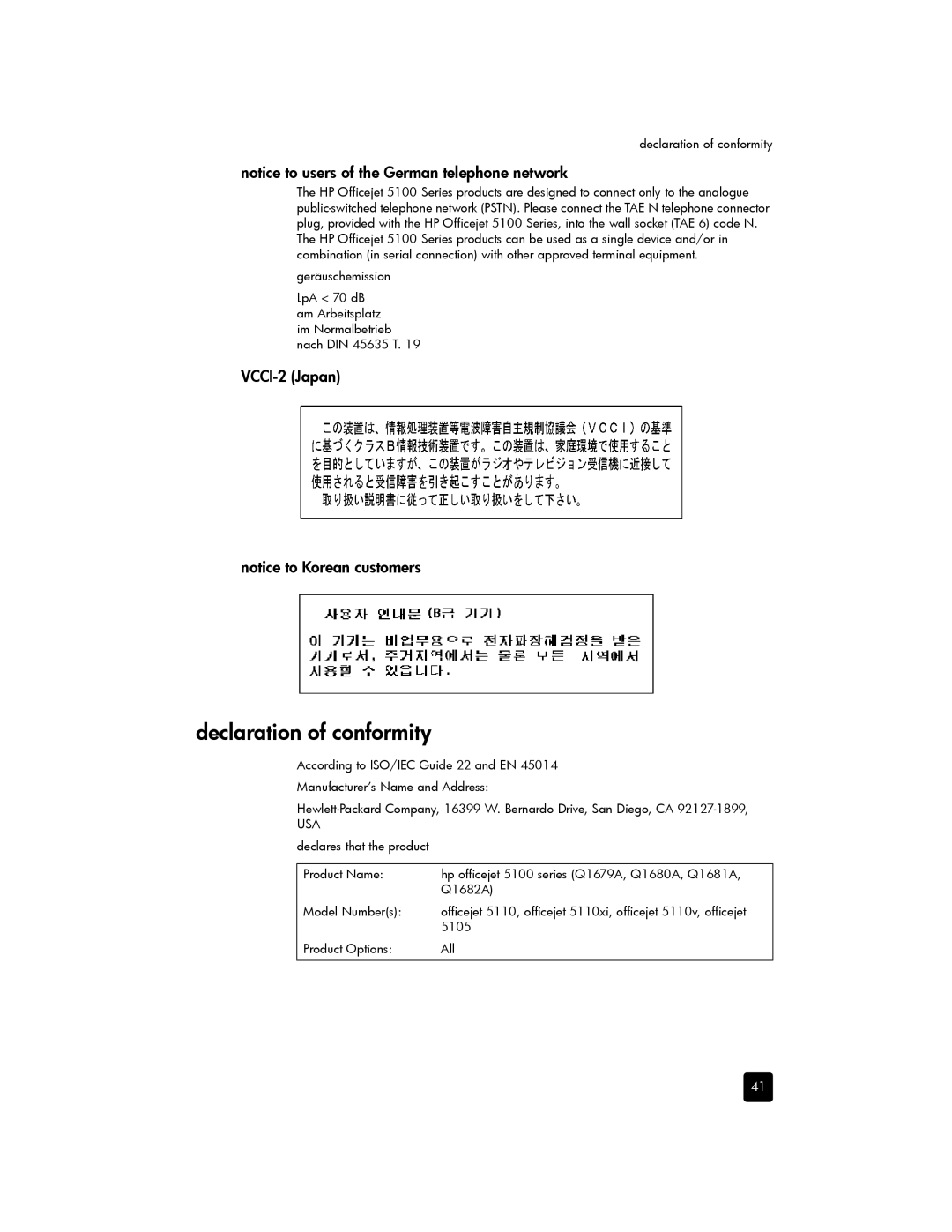 HP 5110xi, 5110v manual Declaration of conformity, VCCI-2 Japan 