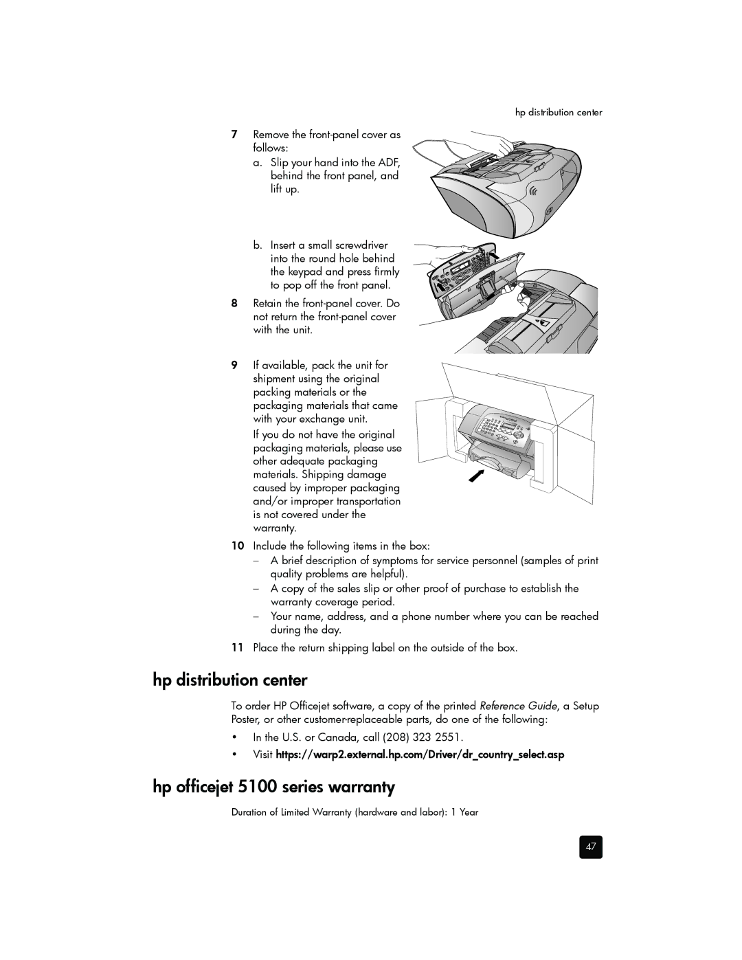 HP 5110xi, 5110v manual Hp distribution center, Hp officejet 5100 series warranty 