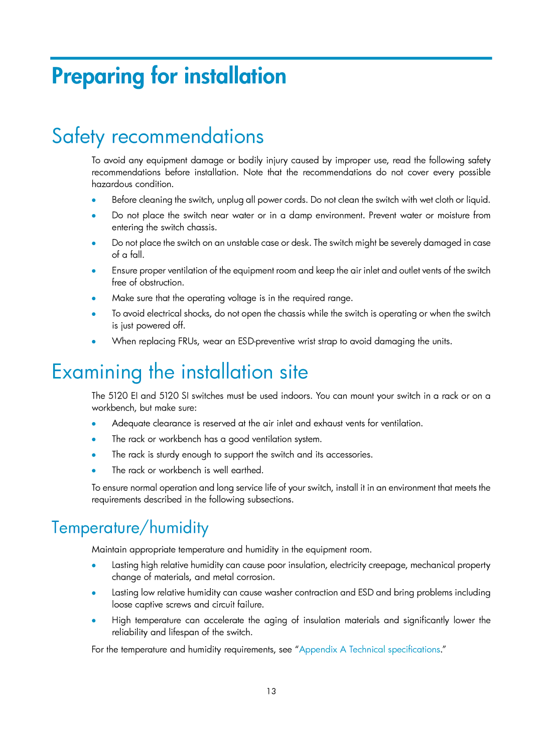 HP 5120 EI manual Preparing for installation, Safety recommendations, Examining the installation site, Temperature/humidity 