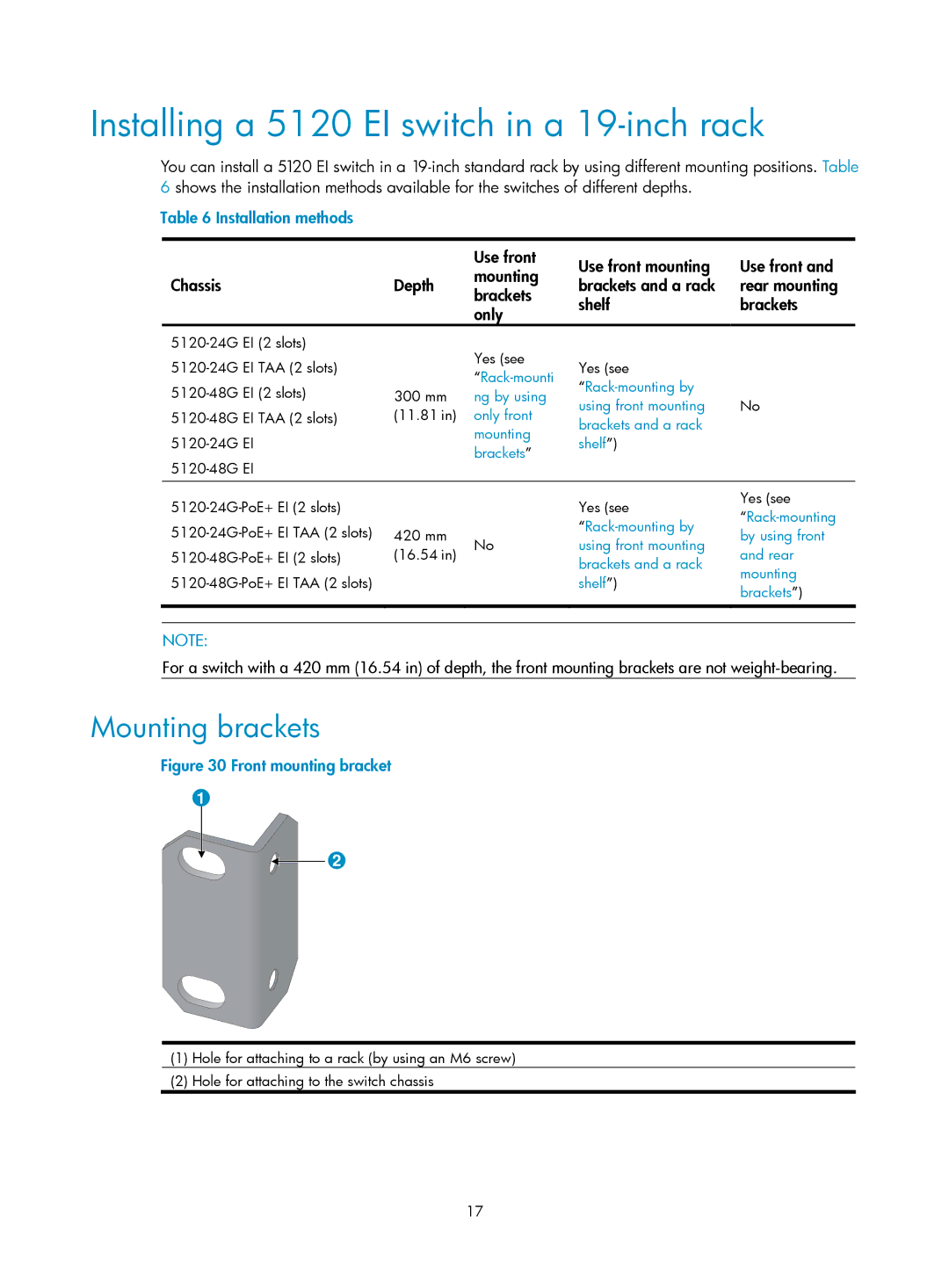 HP 5120 SI, 5120 48G manual Installing a 5120 EI switch in a 19-inch rack, Mounting brackets, Installation methods 