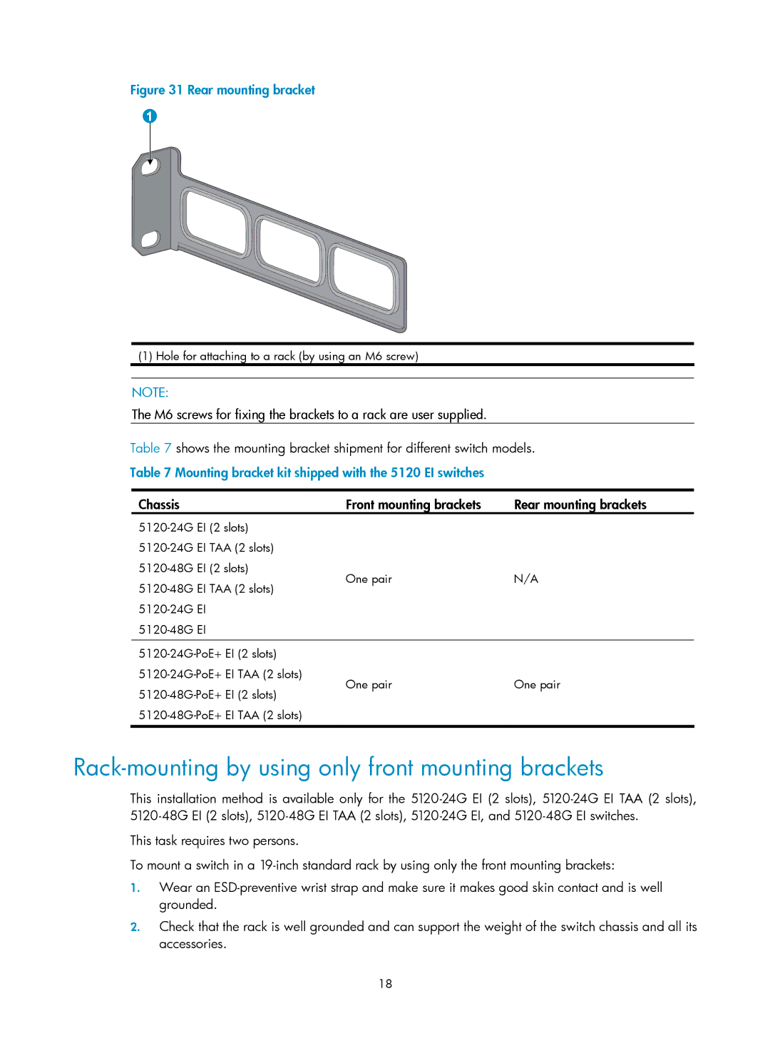 HP E5500-48-POE, 5120 SI, 5120 48G, 5120 EI manual Rack-mounting by using only front mounting brackets 