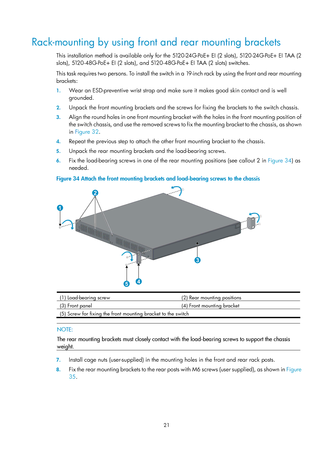 HP 5120 EI, 5120 SI, 5120 48G, E5500-48-POE manual Rack-mounting by using front and rear mounting brackets 