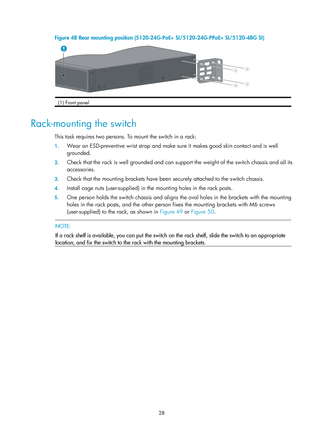 HP 5120 48G, 5120 SI, 5120 EI, E5500-48-POE manual Rack-mounting the switch 