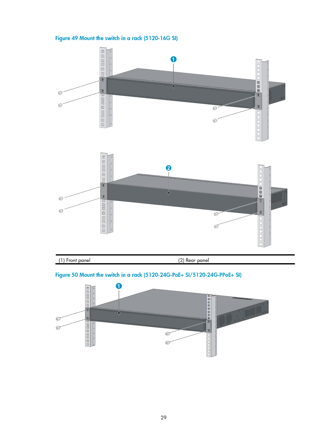 HP 5120 EI, 5120 SI, 5120 48G, E5500-48-POE manual Mount the switch in a rack 5120-16G SI 