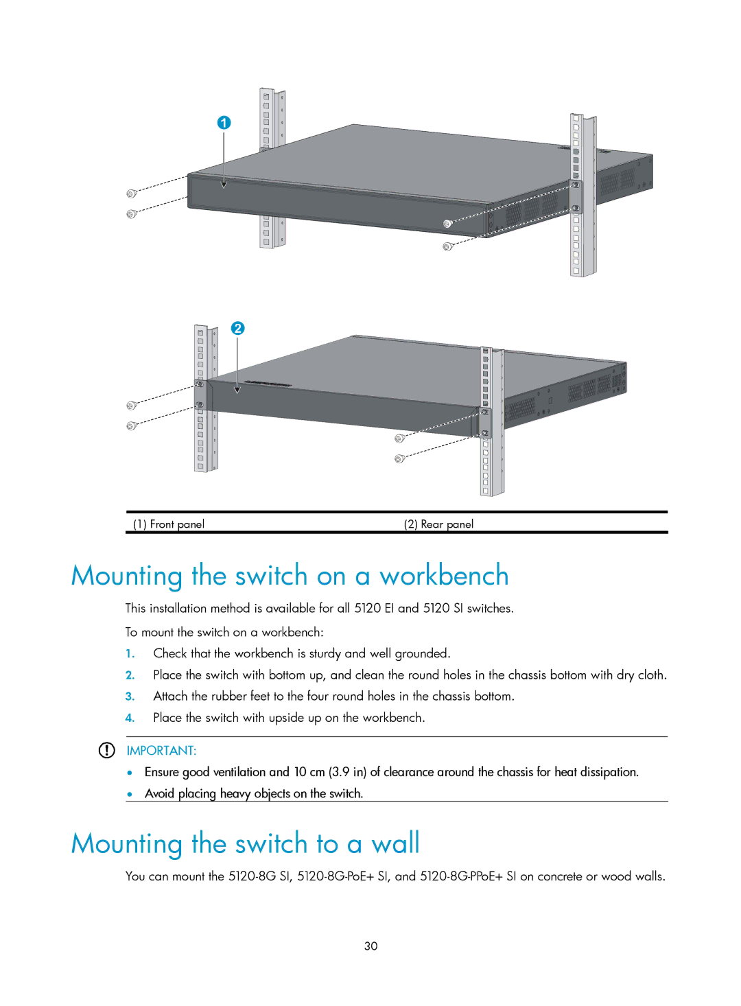 HP E5500-48-POE, 5120 SI, 5120 48G, 5120 EI manual Mounting the switch on a workbench, Mounting the switch to a wall 