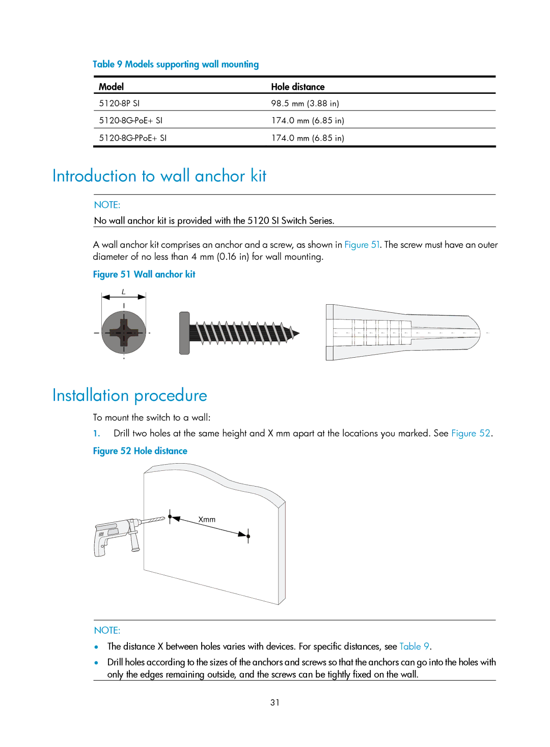 HP 5120 SI Introduction to wall anchor kit, Installation procedure, Models supporting wall mounting, Model Hole distance 