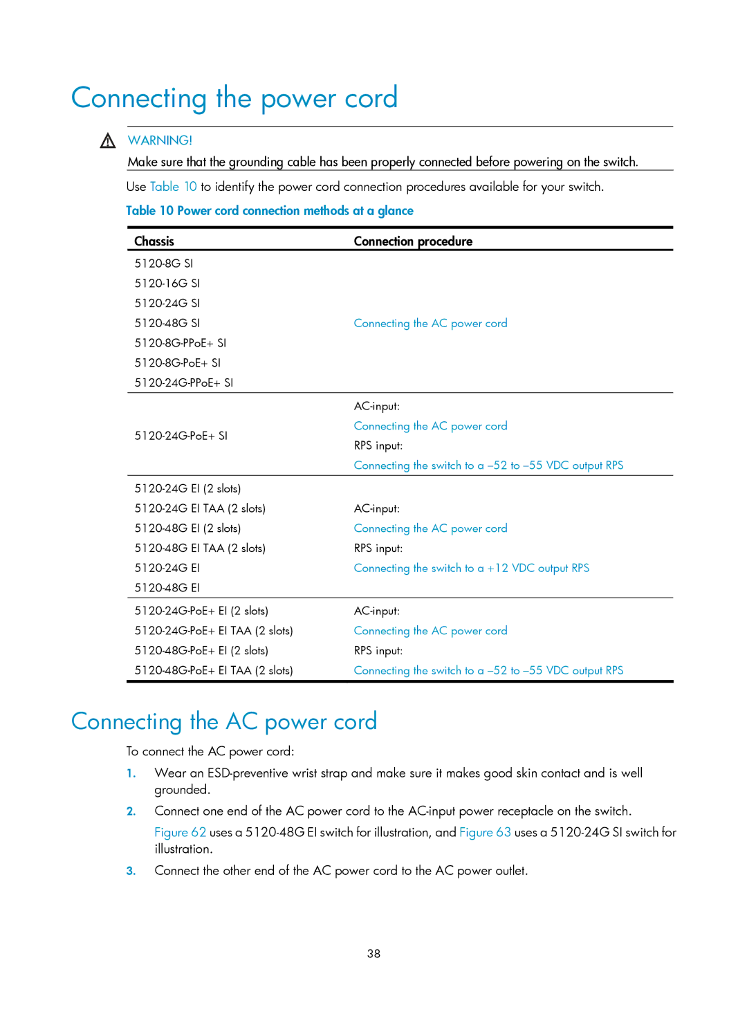 HP E5500-48-POE, 5120 SI, 5120 48G, 5120 EI manual Connecting the power cord, Connecting the AC power cord 