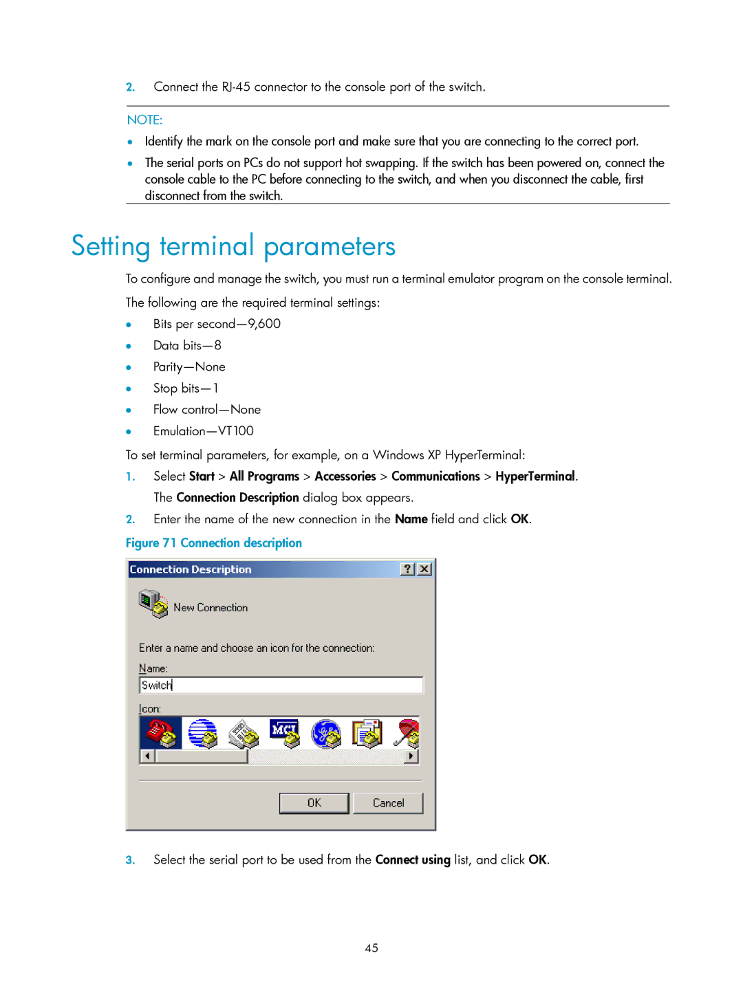 HP 5120 EI, 5120 SI, 5120 48G, E5500-48-POE manual Setting terminal parameters, Connection description 