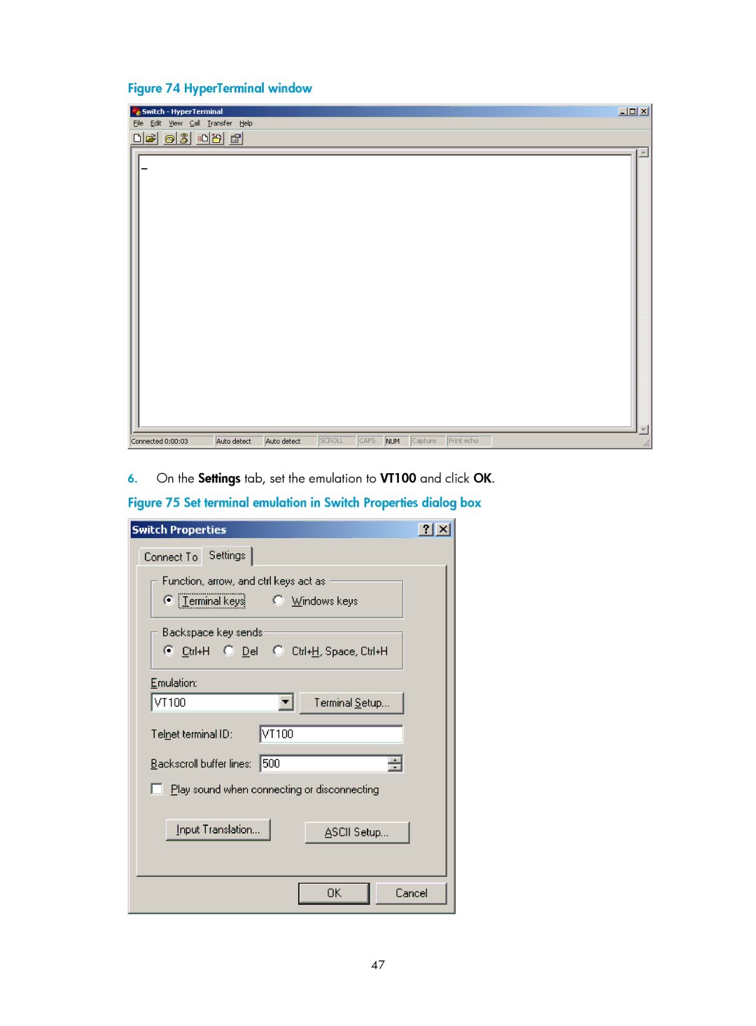 HP 5120 SI, 5120 48G, 5120 EI, E5500-48-POE manual HyperTerminal window 