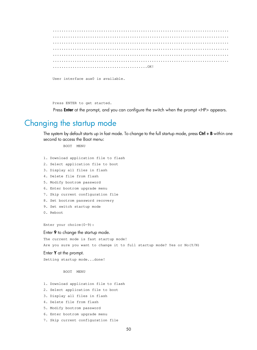 HP E5500-48-POE, 5120 SI, 5120 48G Changing the startup mode, Enter 9 to change the startup mode, Enter Y at the prompt 
