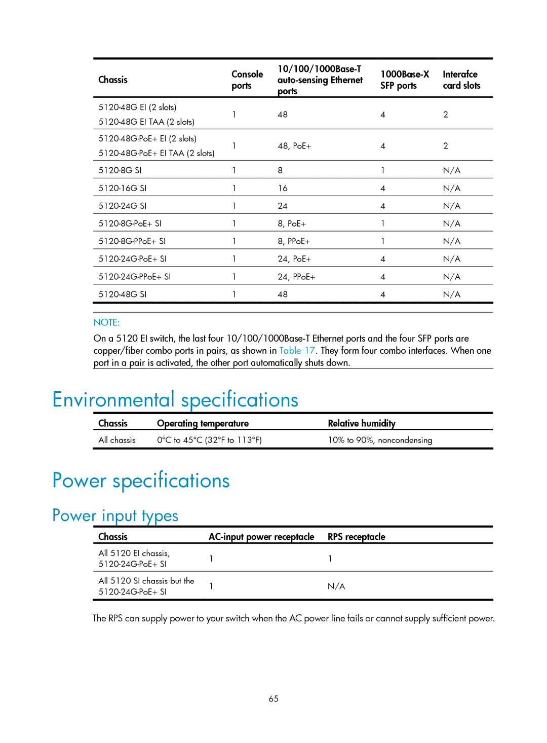 HP 5120 EI, 5120 SI, 5120 48G, E5500-48-POE manual Environmental specifications, Power specifications, Power input types 