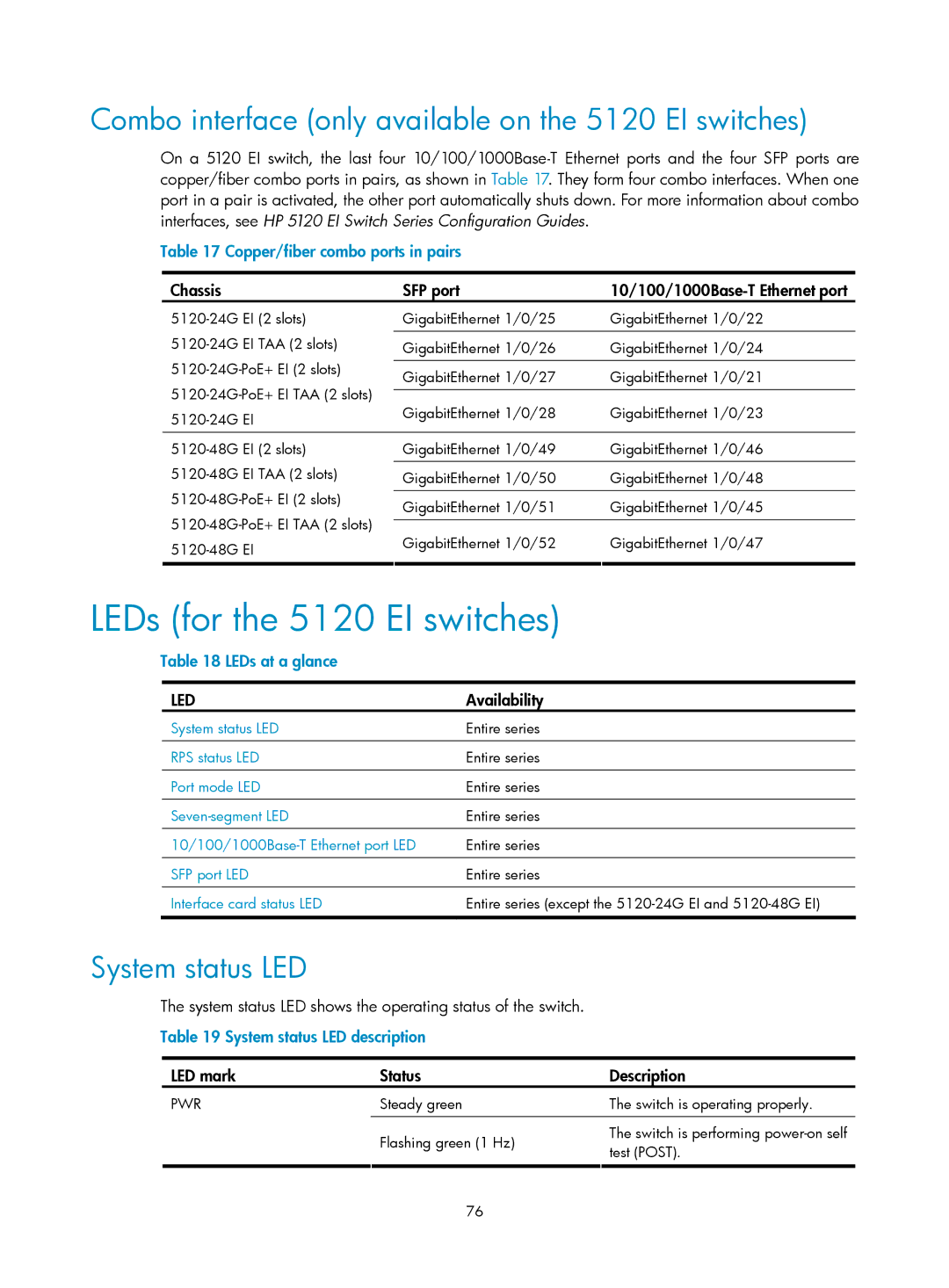 HP 5120 48G manual LEDs for the 5120 EI switches, Combo interface only available on the 5120 EI switches, System status LED 