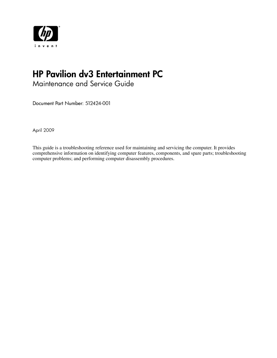 HP 512424-001 manual HP Pavilion dv3 Entertainment PC, Maintenance and Service Guide 