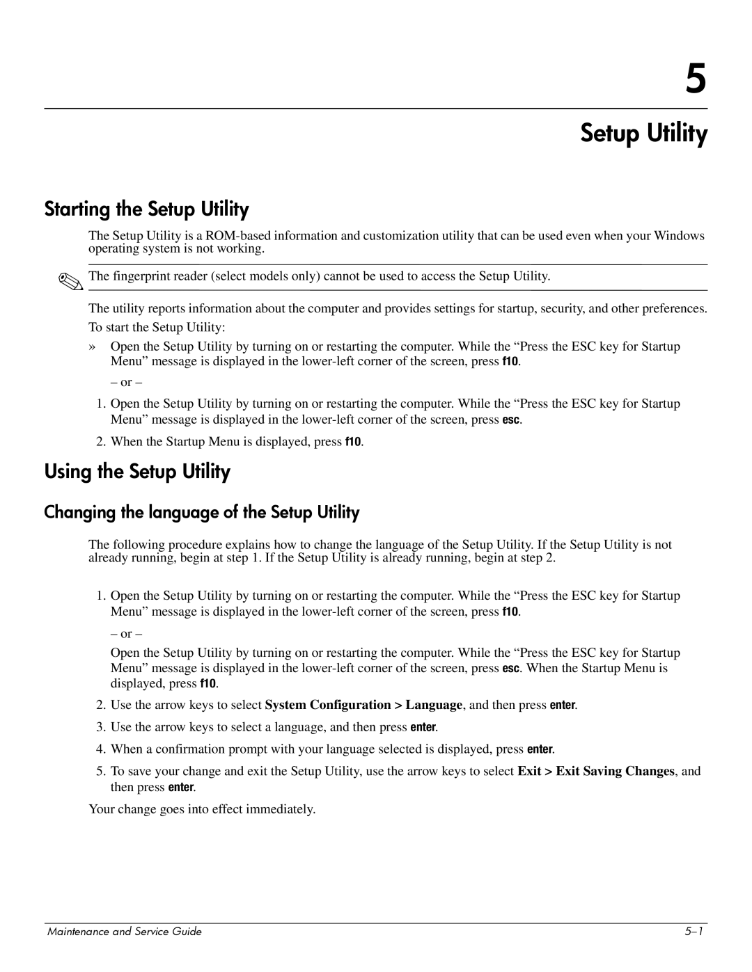 HP 512424-001 manual Starting the Setup Utility, Using the Setup Utility, Changing the language of the Setup Utility 