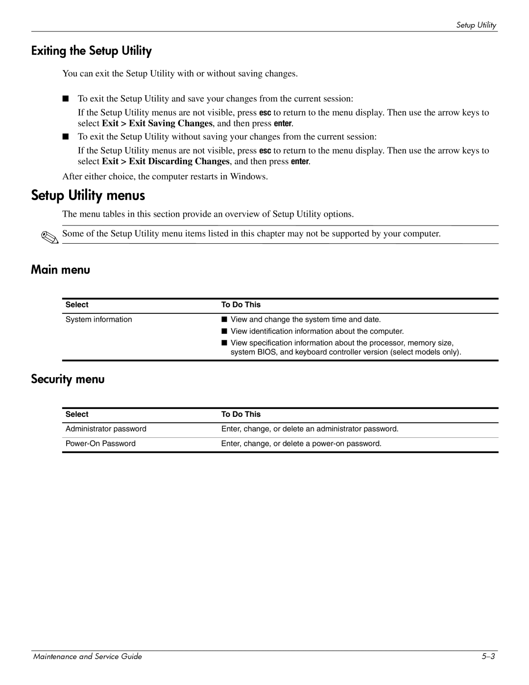 HP 512424-001 manual Setup Utility menus, Exiting the Setup Utility, Main menu, Security menu, Select To Do This 