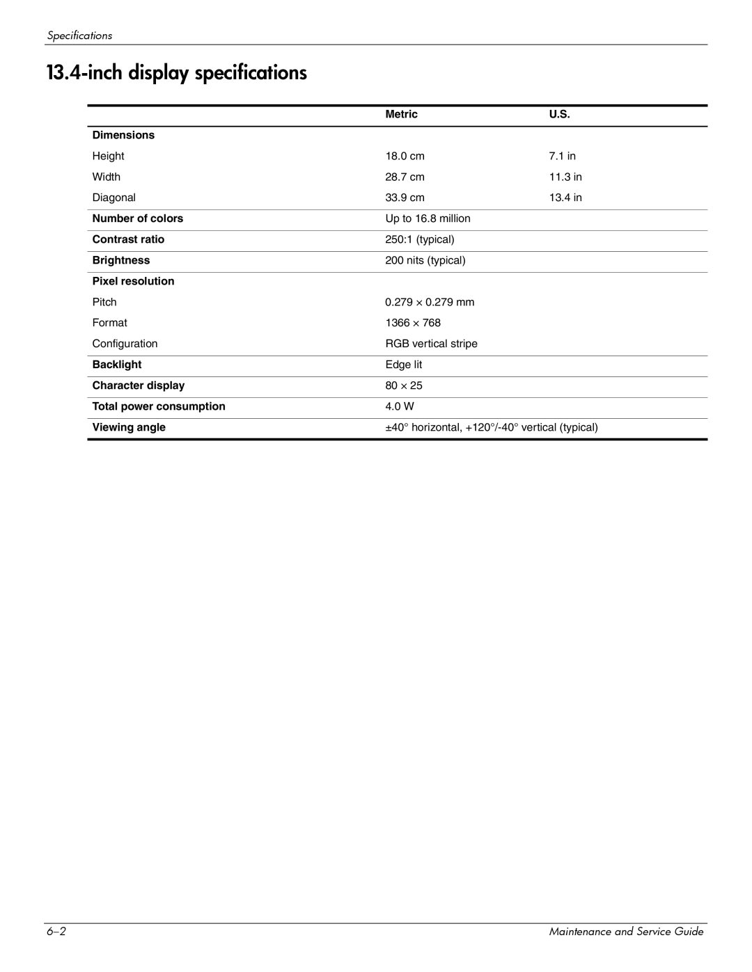 HP 512424-001 manual Inch display specifications 