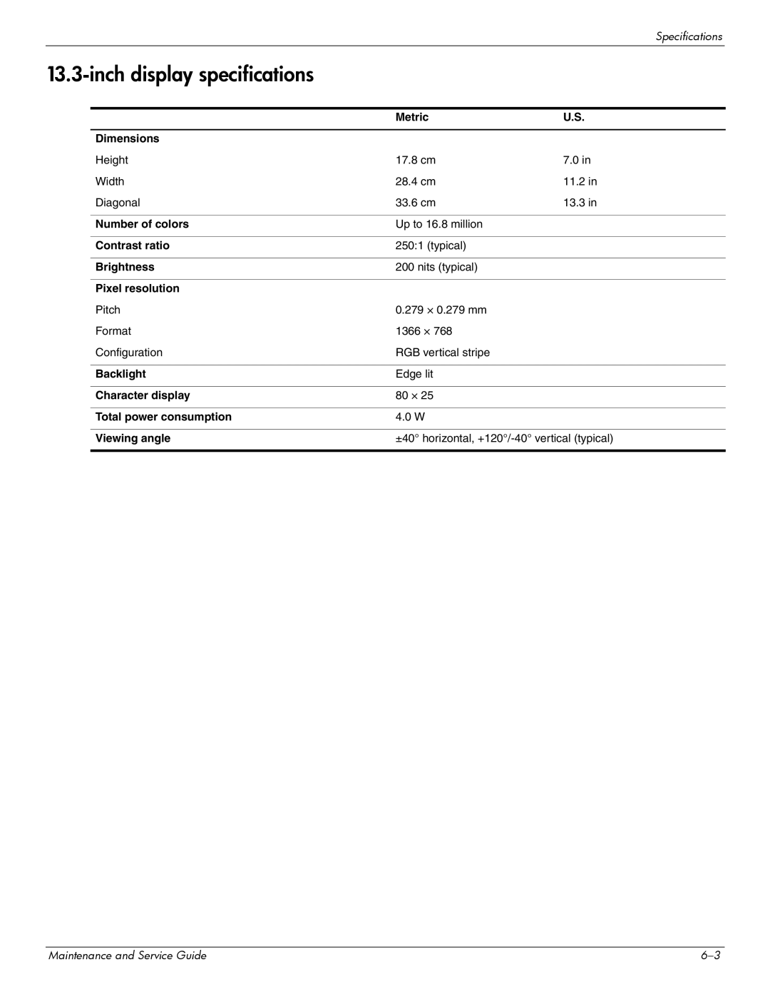 HP 512424-001 manual Height 17.8 cm Width 28.4 cm 11.2 Diagonal 33.6 cm 13.3 