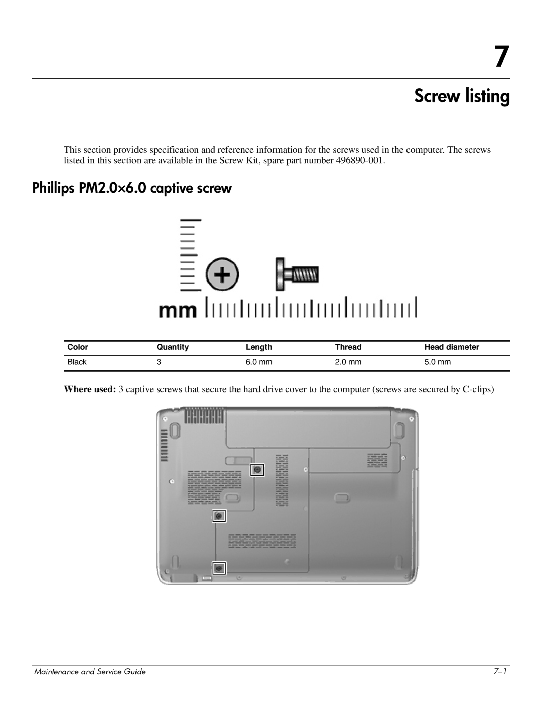 HP 512424-001 manual Screw listing, Phillips PM2.0×6.0 captive screw, Color Quantity Length Thread Head diameter Black 