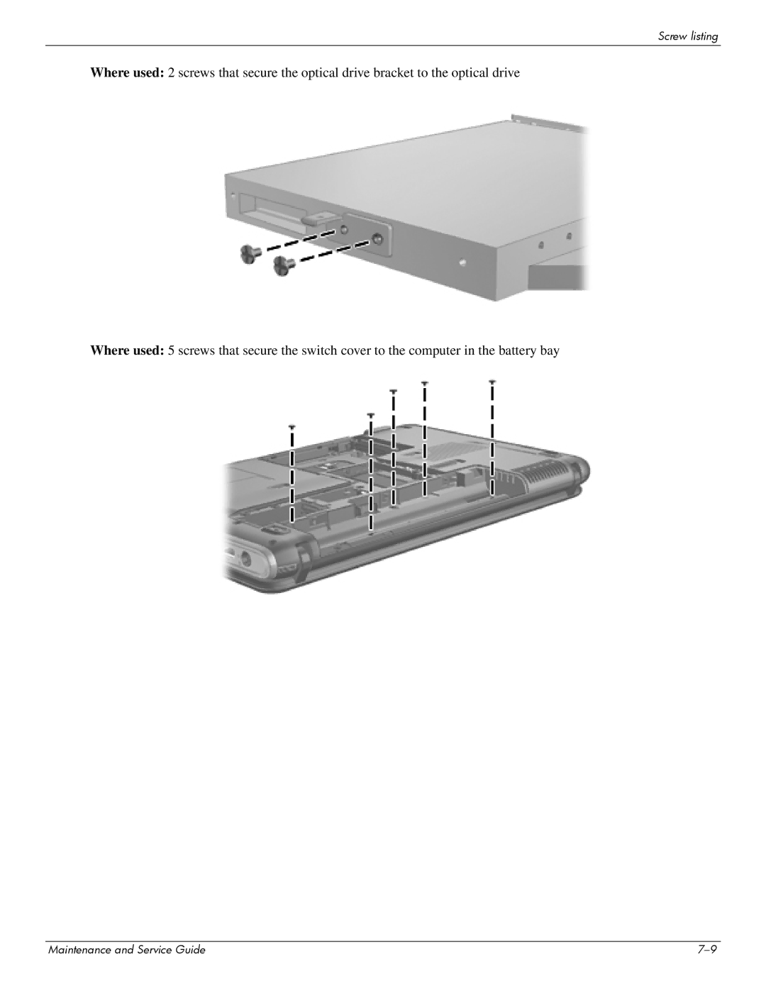 HP 512424-001 manual Screw listing 