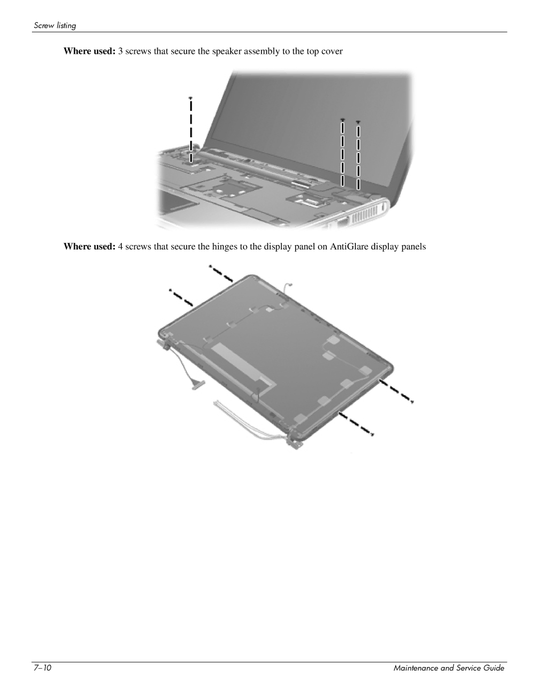 HP 512424-001 manual Screw listing 