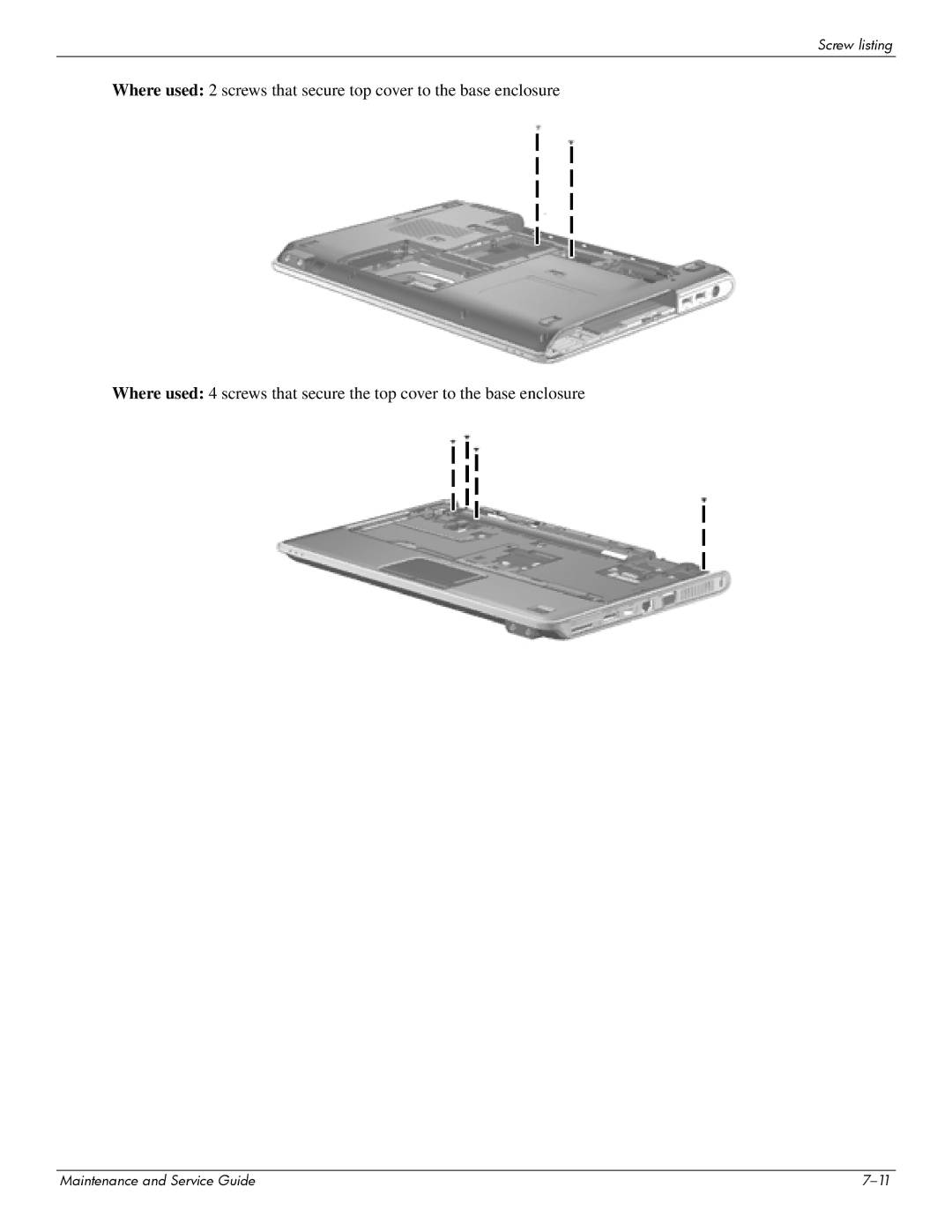 HP 512424-001 manual Screw listing 