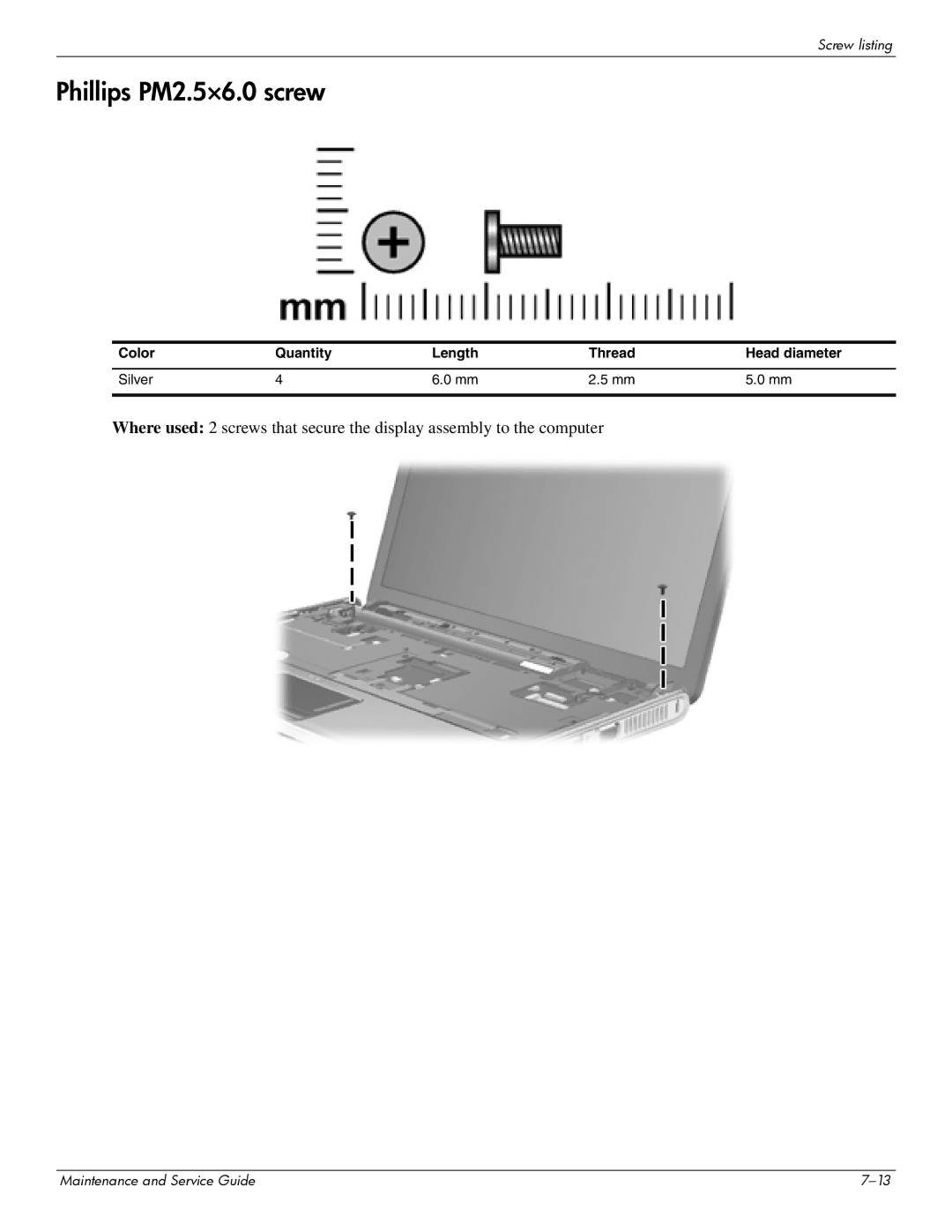 HP 512424-001 manual Phillips PM2.5×6.0 screw, Color Quantity Length Thread Head diameter Silver 