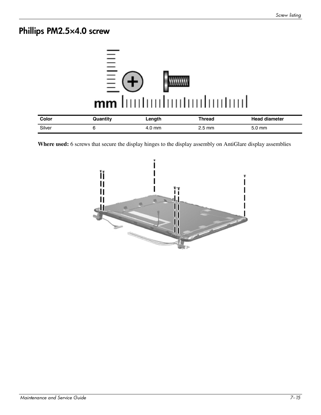 HP 512424-001 manual Phillips PM2.5×4.0 screw 