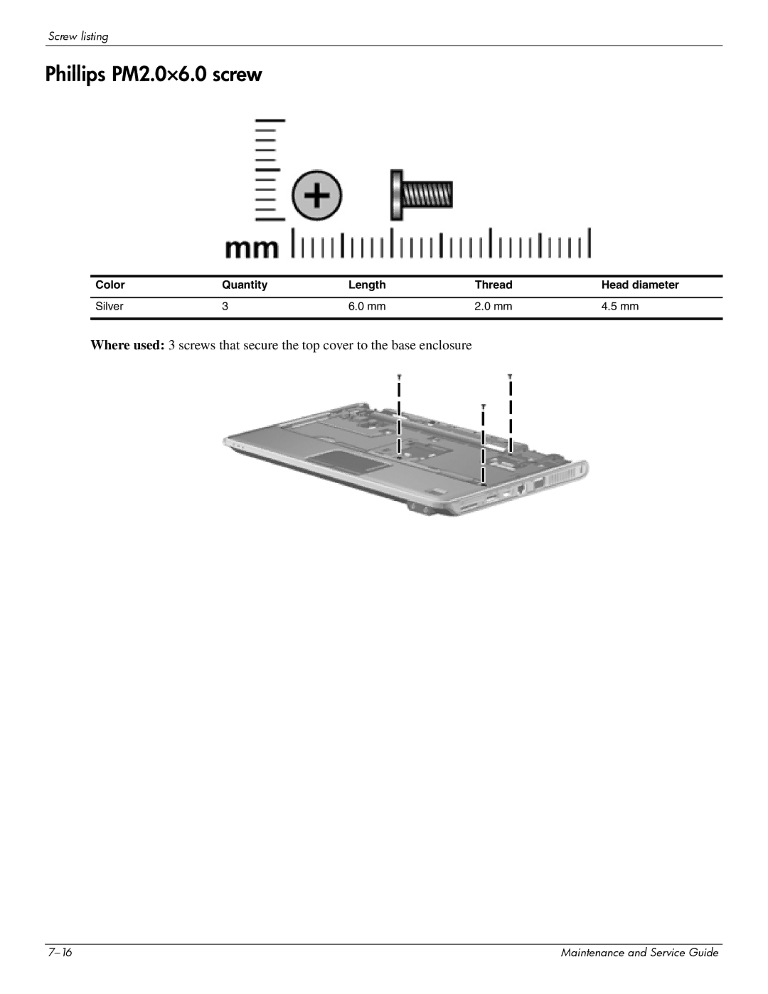 HP 512424-001 manual Phillips PM2.0×6.0 screw 