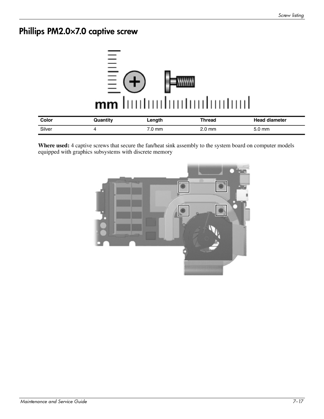 HP 512424-001 manual Phillips PM2.0×7.0 captive screw 