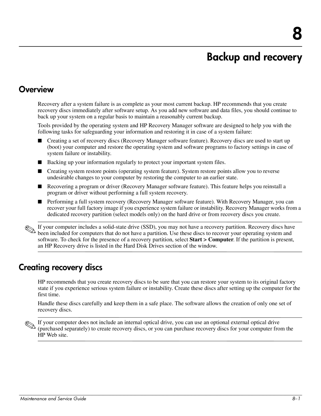 HP 512424-001 manual Backup and recovery, Overview, Creating recovery discs 