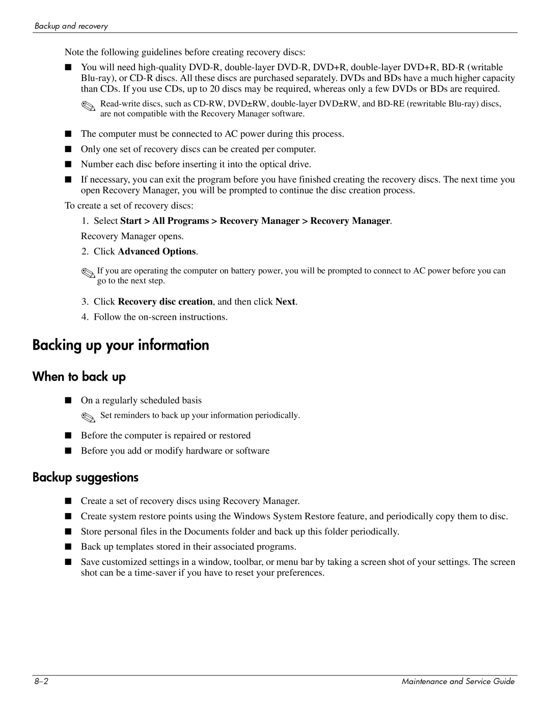 HP 512424-001 manual Backing up your information, When to back up, Backup suggestions 