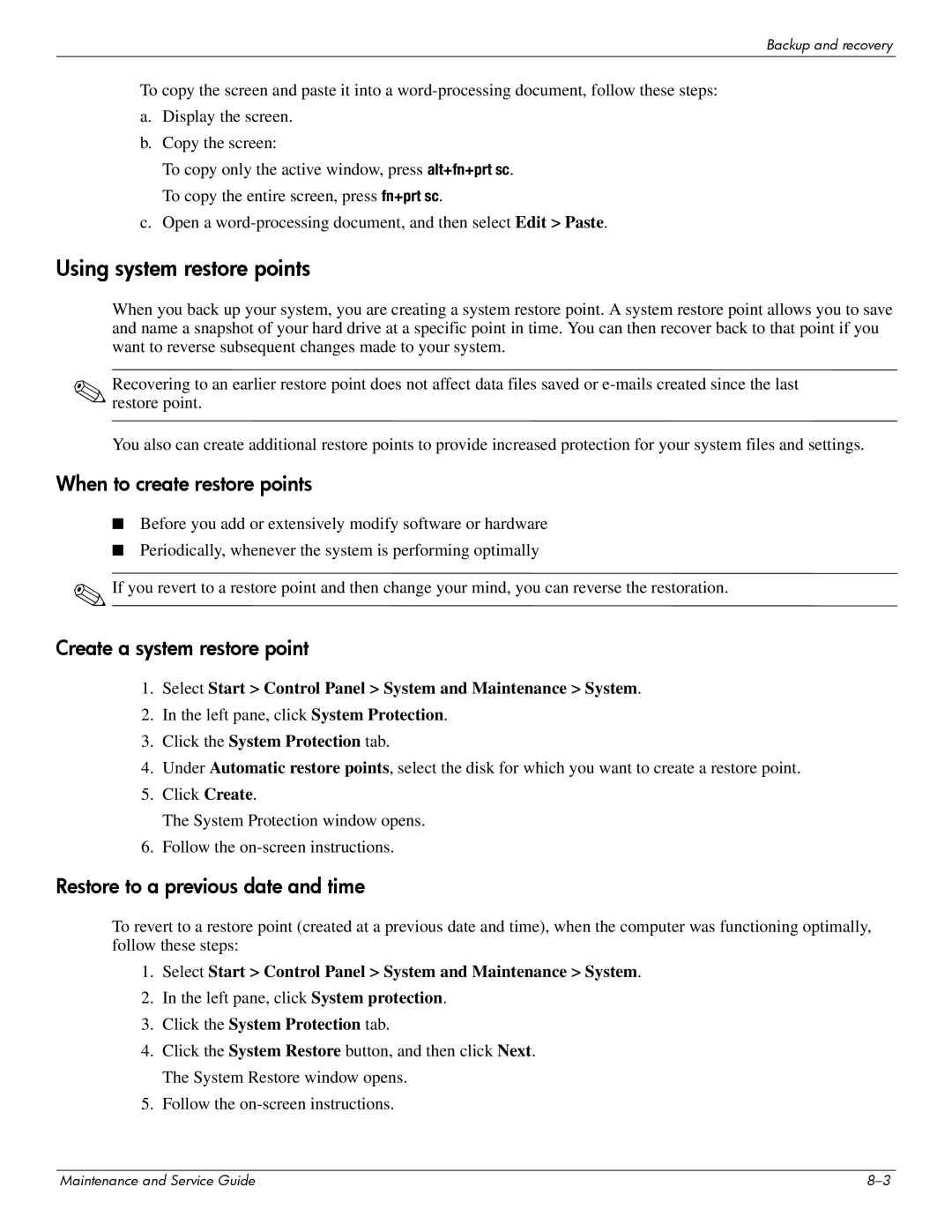 HP 512424-001 manual Using system restore points, When to create restore points 