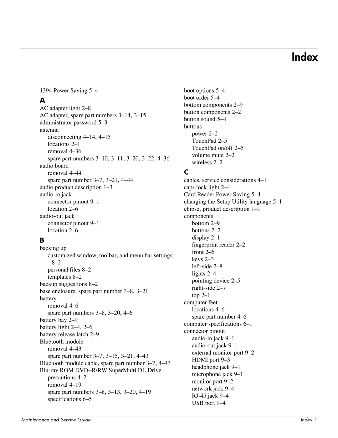 HP 512424-001 manual Index 