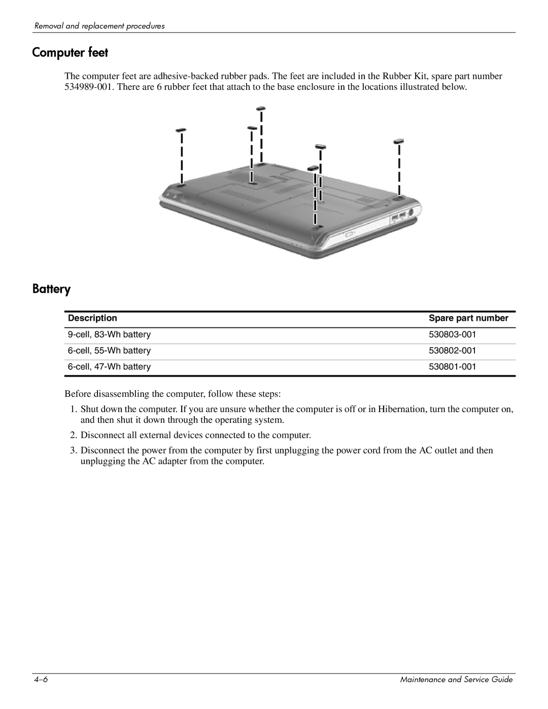 HP 512424-001 manual Computer feet, Battery 