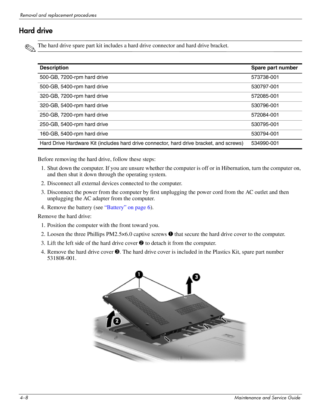 HP 512424-001 manual Hard drive 