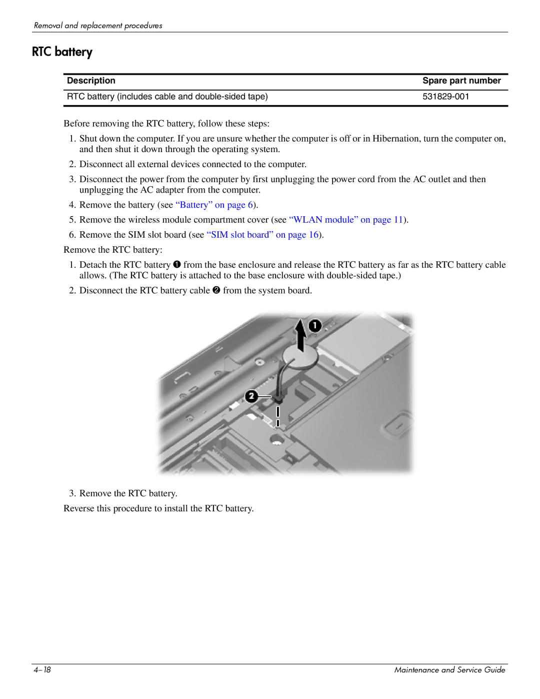 HP 512424-001 manual RTC battery 