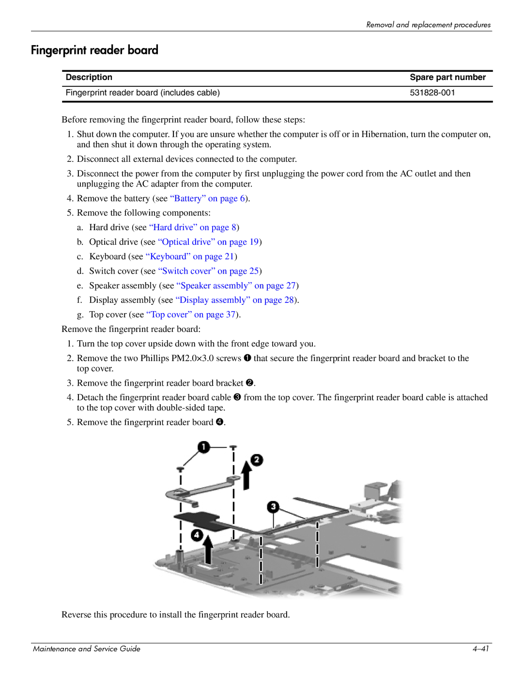 HP 512424-001 manual Fingerprint reader board 