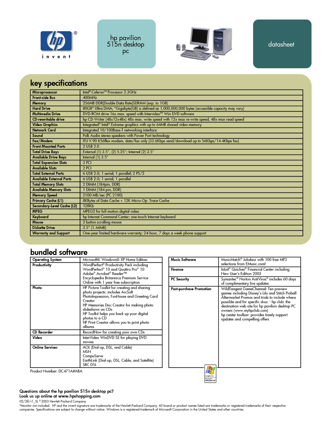 HP 515n (US/CAN) manual Key specifications, Bundled software, Questions about the hp pavilion 515n desktop pc? 