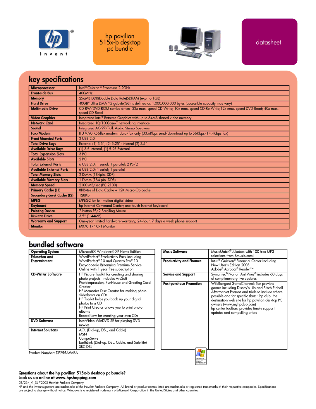 HP 515x (US/CAN) manual Key specifications, Bundled software, Questions about the hp pavilion 515x-b desktop pc bundle? 