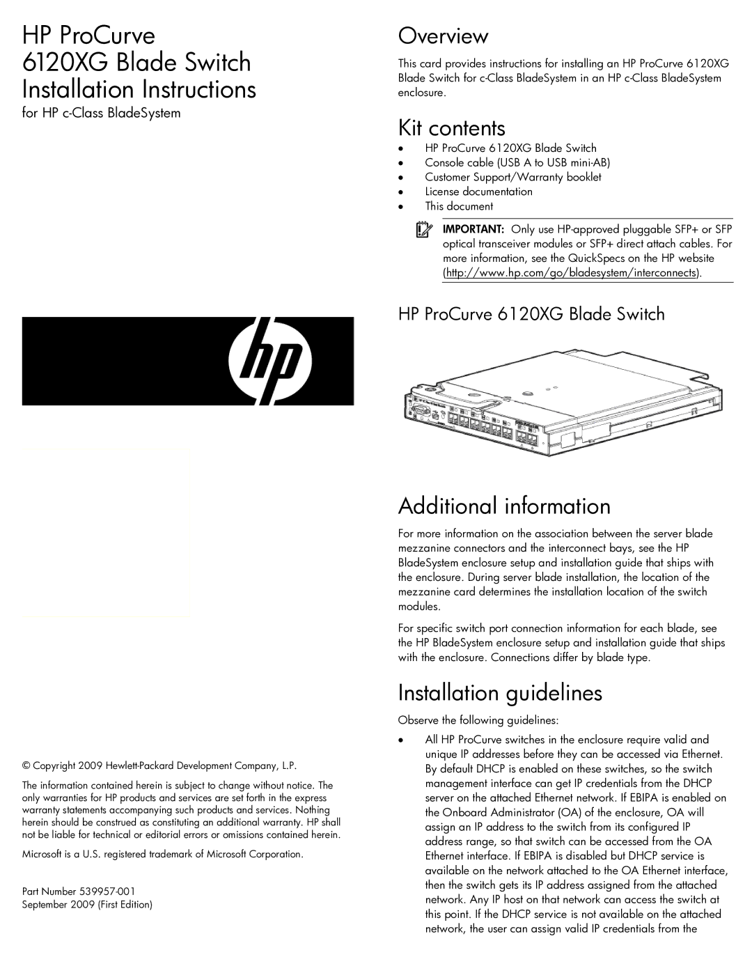 HP 516733B21 manual Overview, Kit contents, Additional information, Installation guidelines 