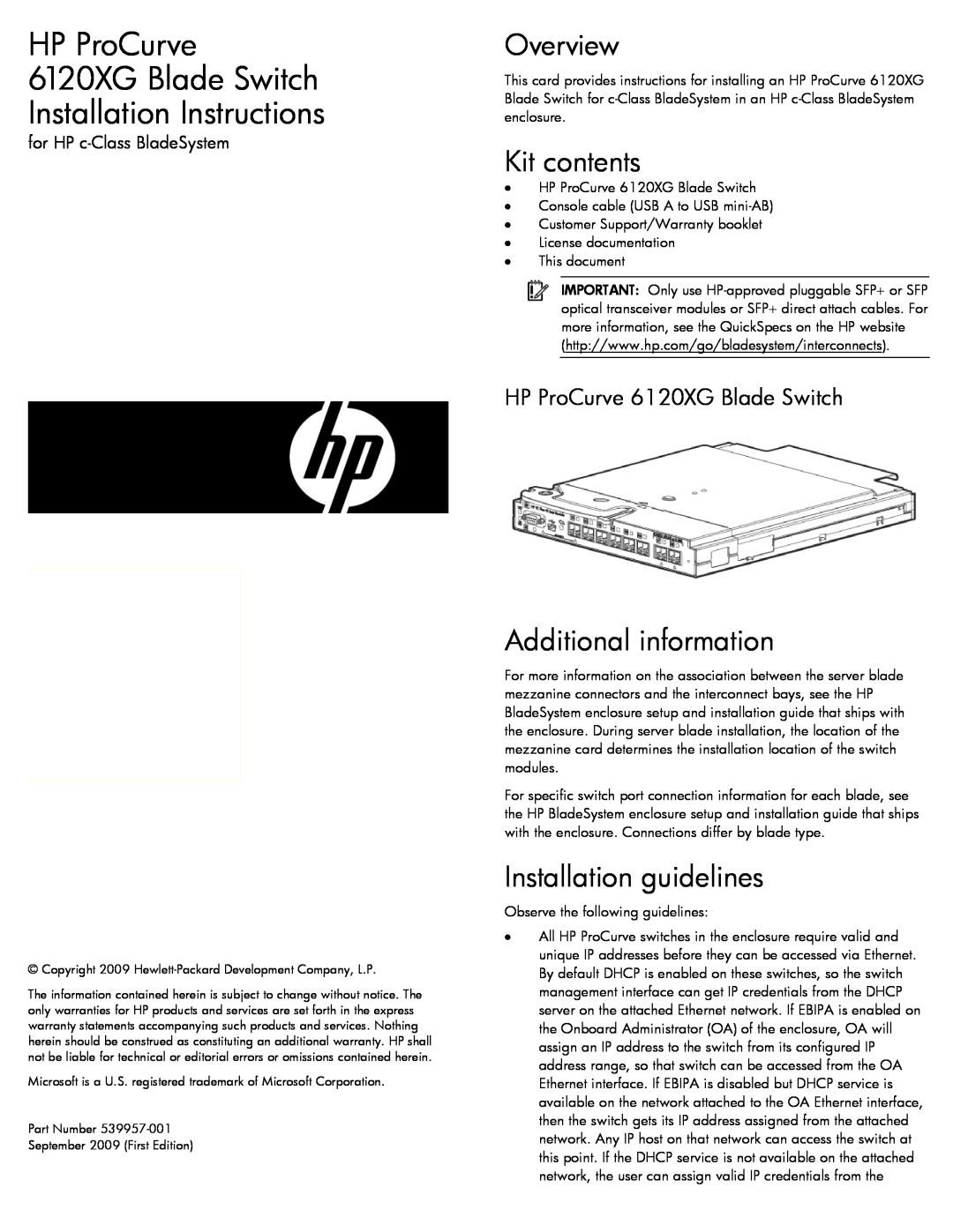 HP 516733B21 manual Overview, Kit contents, Additional information, Installation guidelines, for HP c-Class BladeSystem 