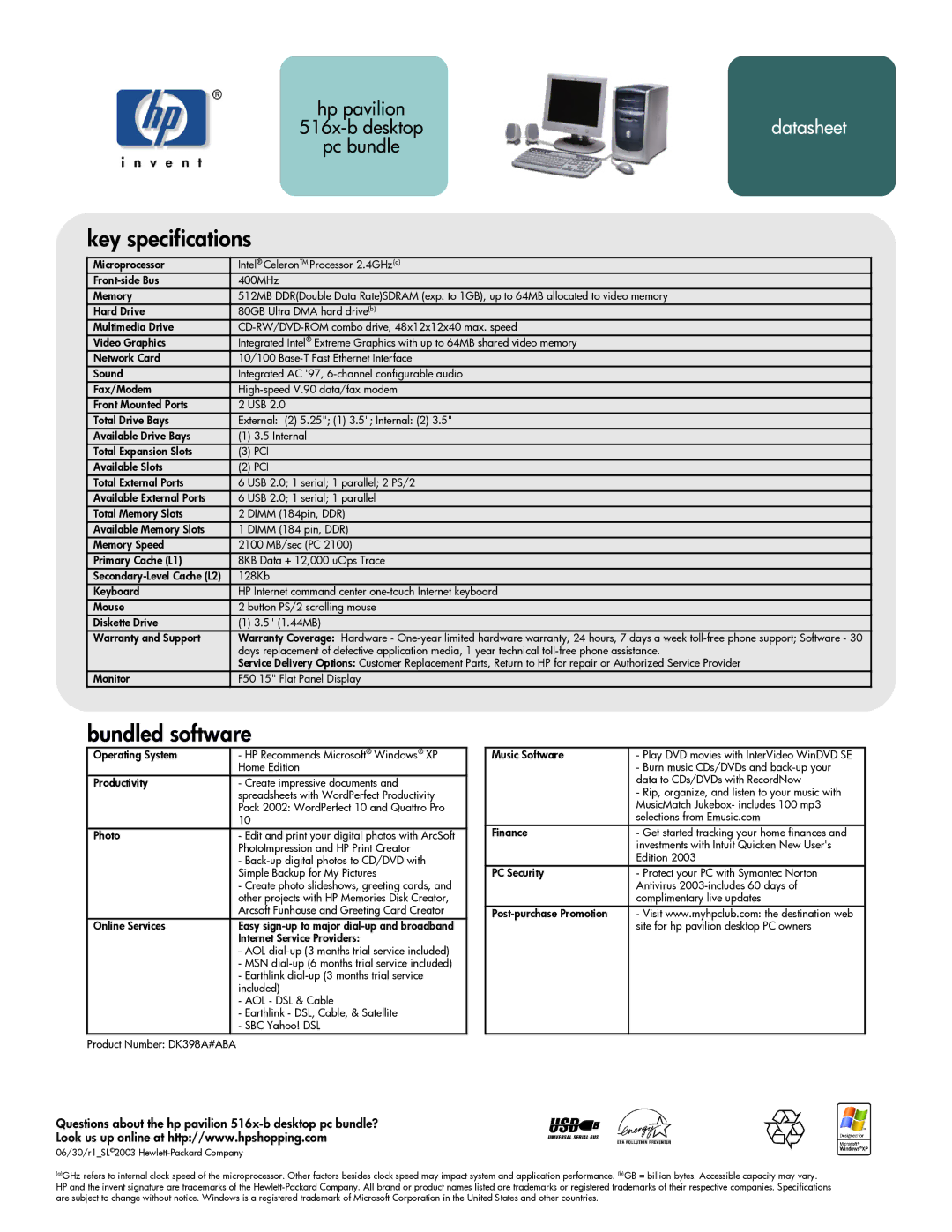 HP 516x (US) manual Key specifications, Bundled software, Questions about the hp pavilion 516x-b desktop pc bundle? 