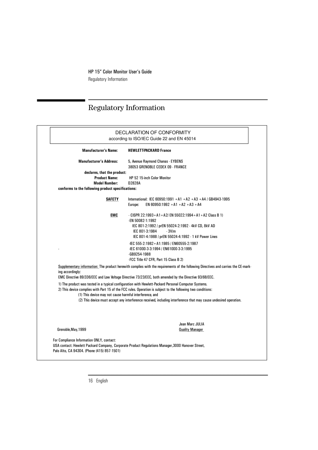 HP 52 D2828A manual Regulatory Information, Declaration of Conformity 