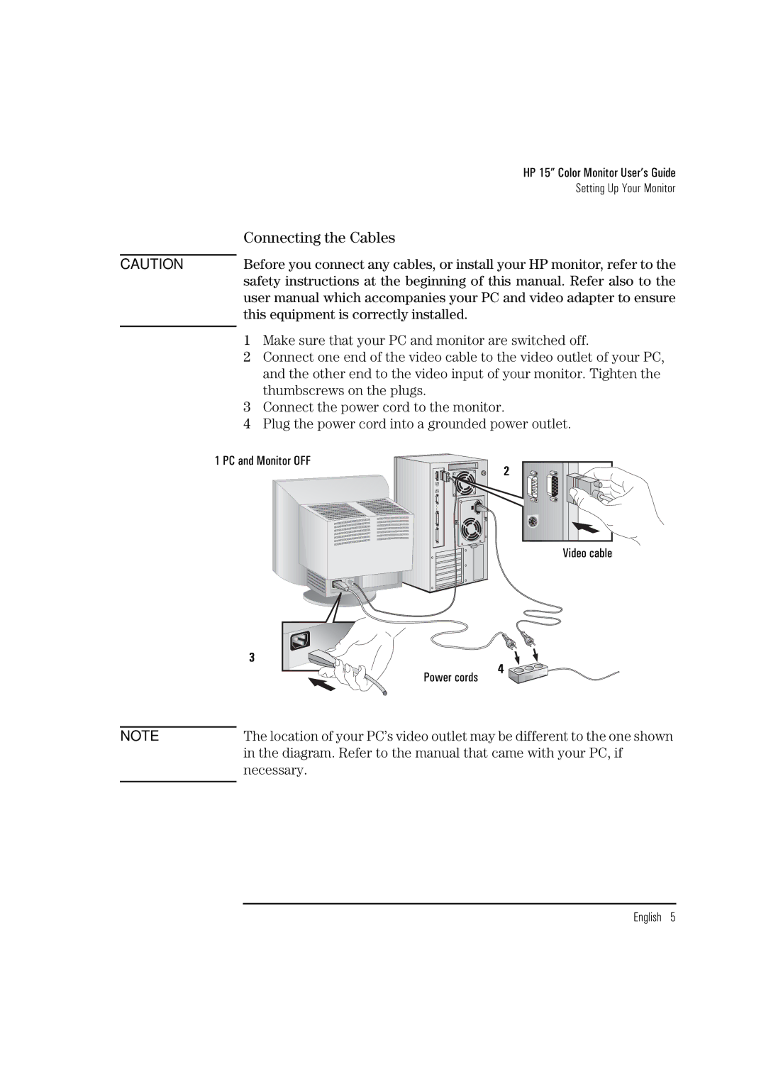 HP 52 D2828A manual Connecting the Cables, Make sure that your PC and monitor are switched off 