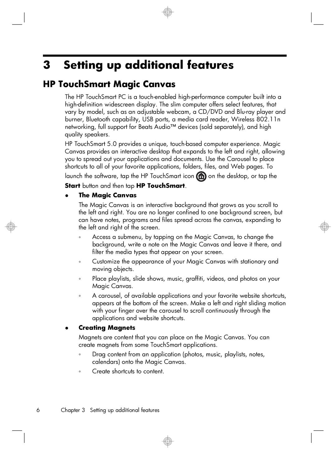 HP 520-1070 manual Setting up additional features, HP TouchSmart Magic Canvas 