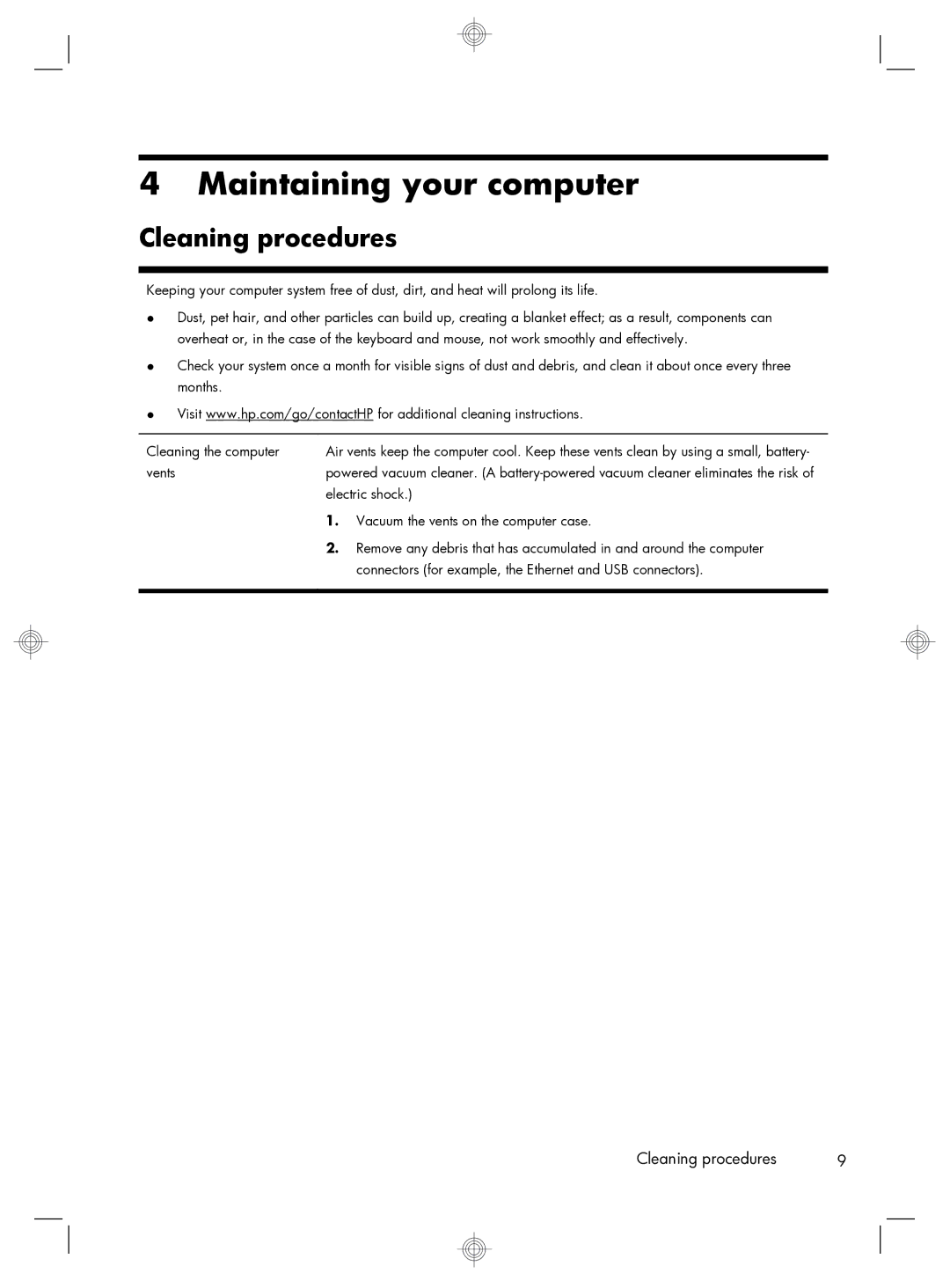 HP 520-1070 manual Maintaining your computer, Cleaning procedures 