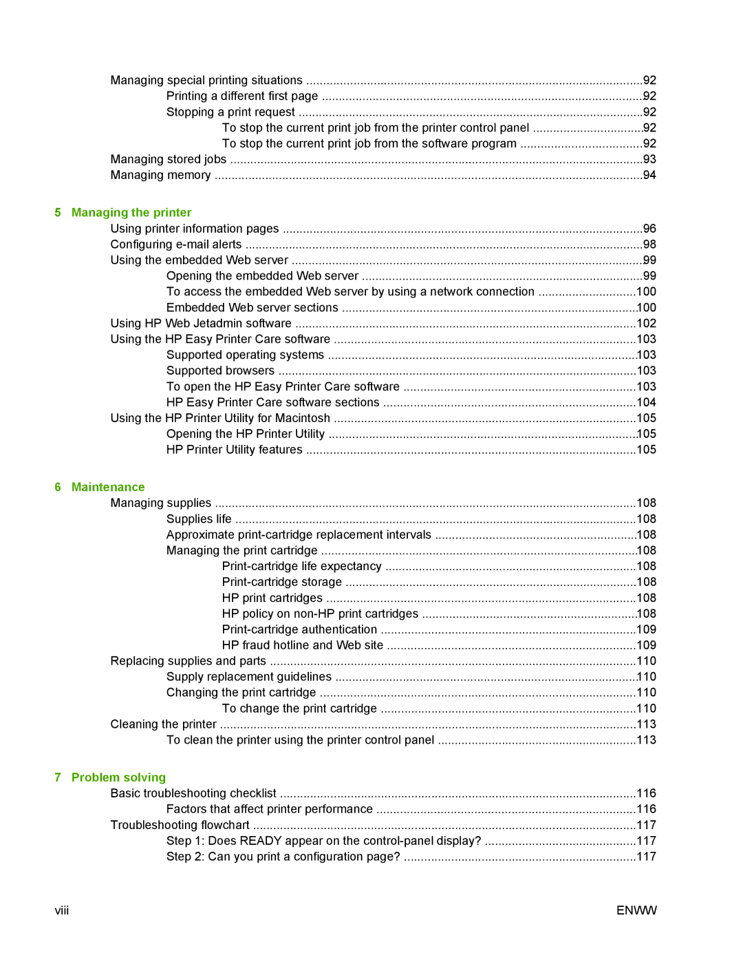 HP 5200 manual Managing the printer, Maintenance, Problem solving 