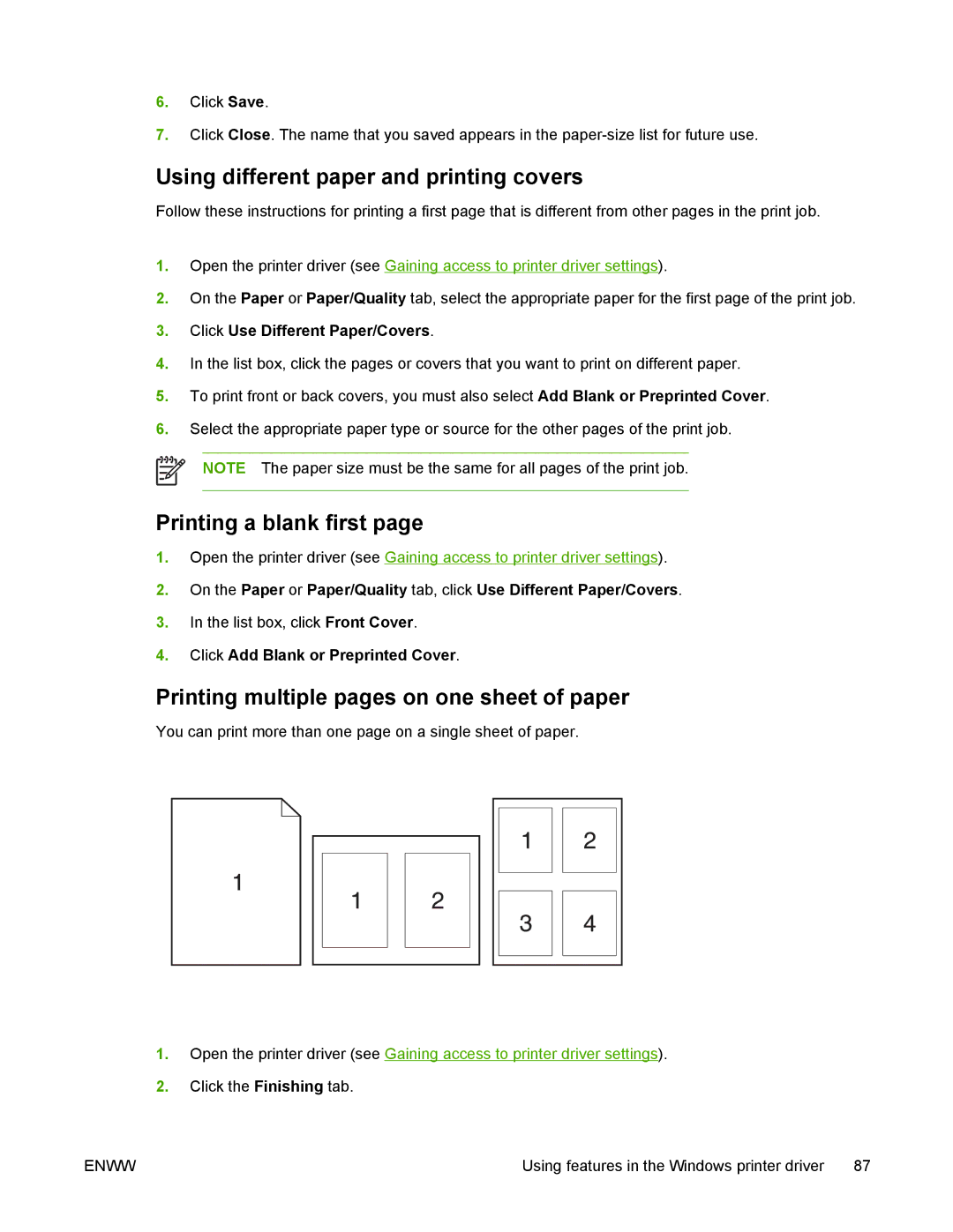 HP 5200 Using different paper and printing covers, Printing a blank first, Printing multiple pages on one sheet of paper 