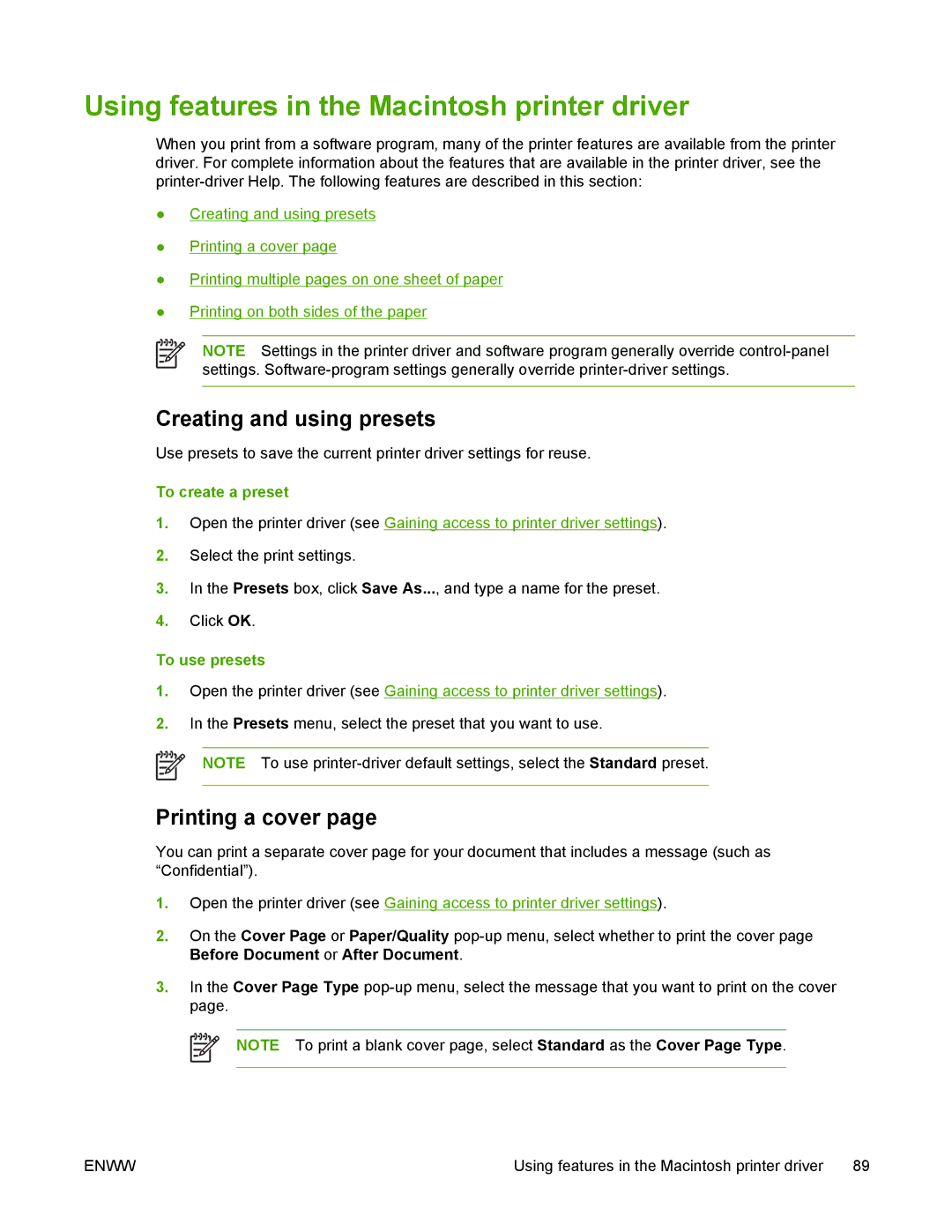 HP 5200 Using features in the Macintosh printer driver, Creating and using presets, Printing a cover, To create a preset 