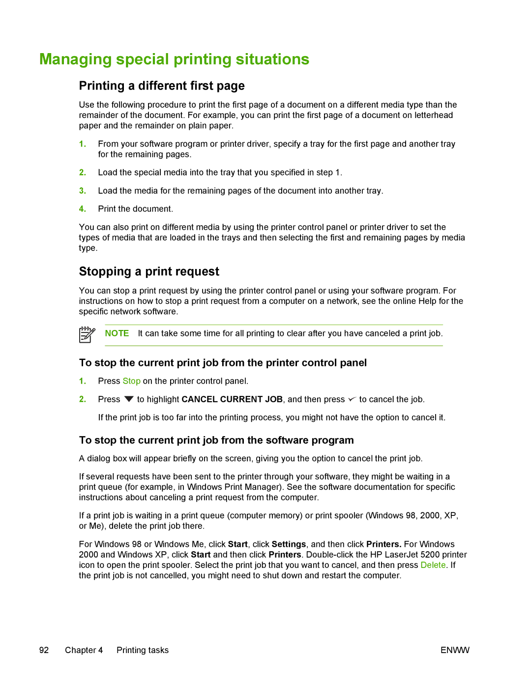 HP 5200 manual Managing special printing situations, Printing a different first, Stopping a print request 